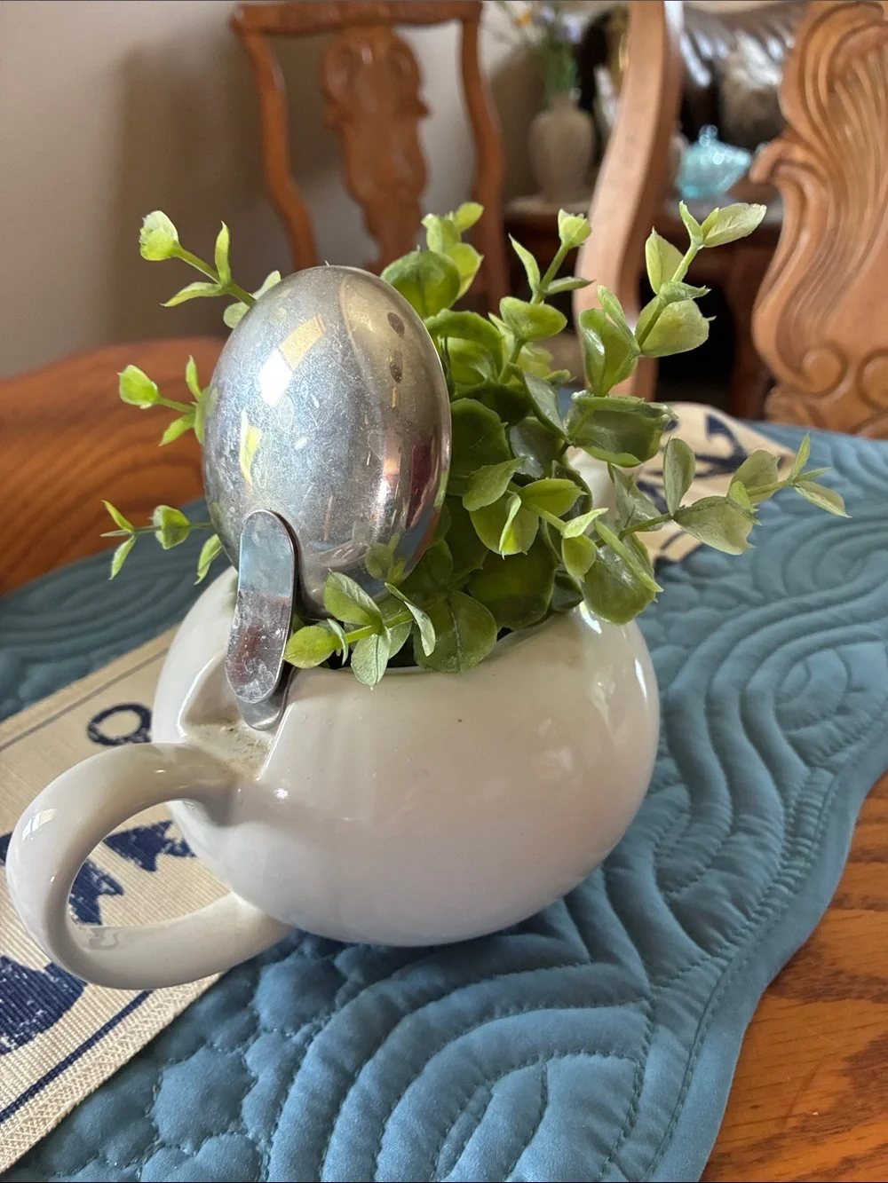 White Ceramic Teapot Planter with Green Faux Eucalyptus